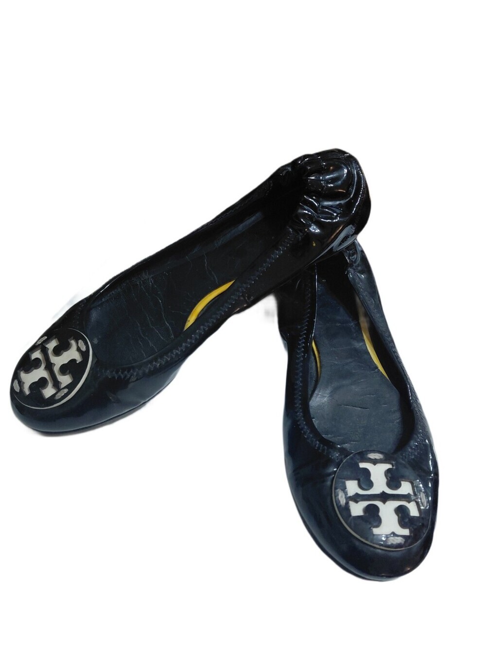 Tory Burch Reva Black Patent Leather Ivory Logo Ballet Flats Size 7